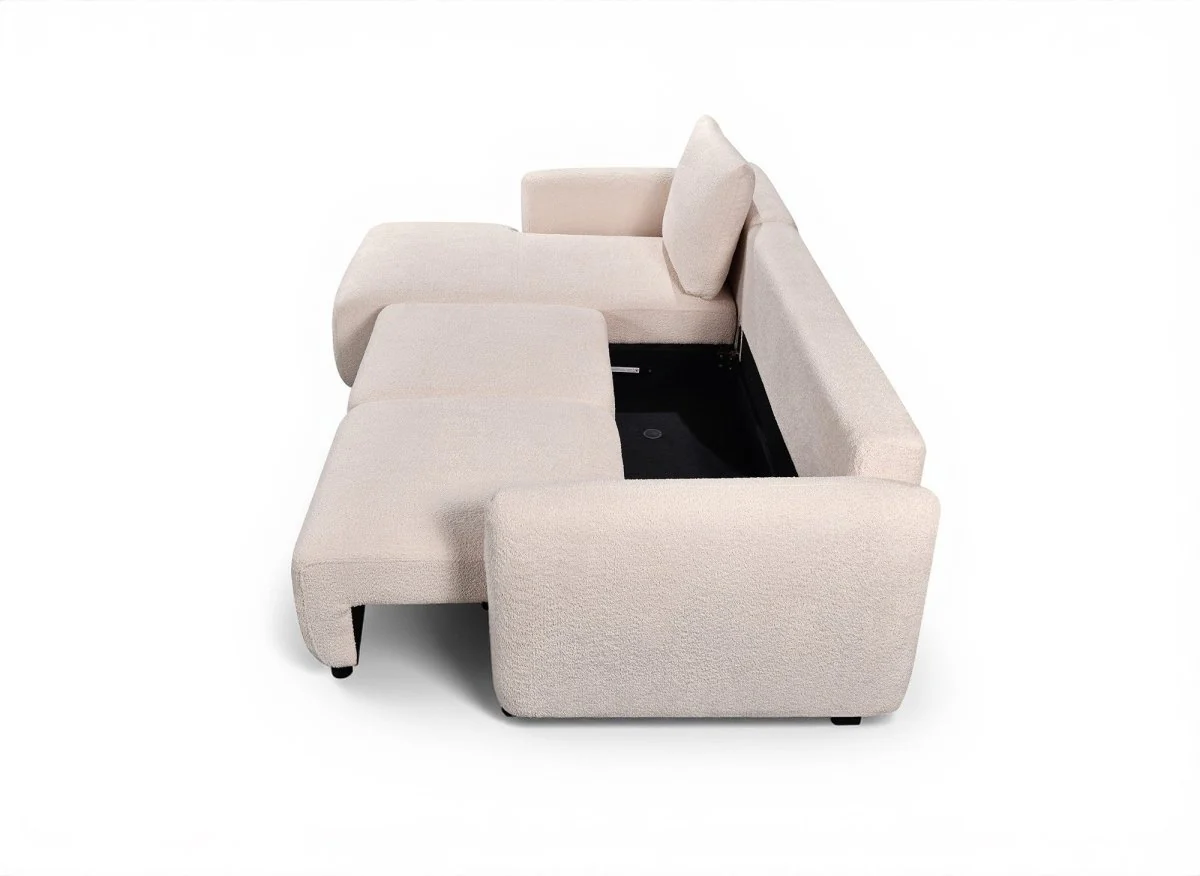 Canapé d'angle convertible avec coffre en tissu bouclette beige MARLA - Angle gauche - Image 6