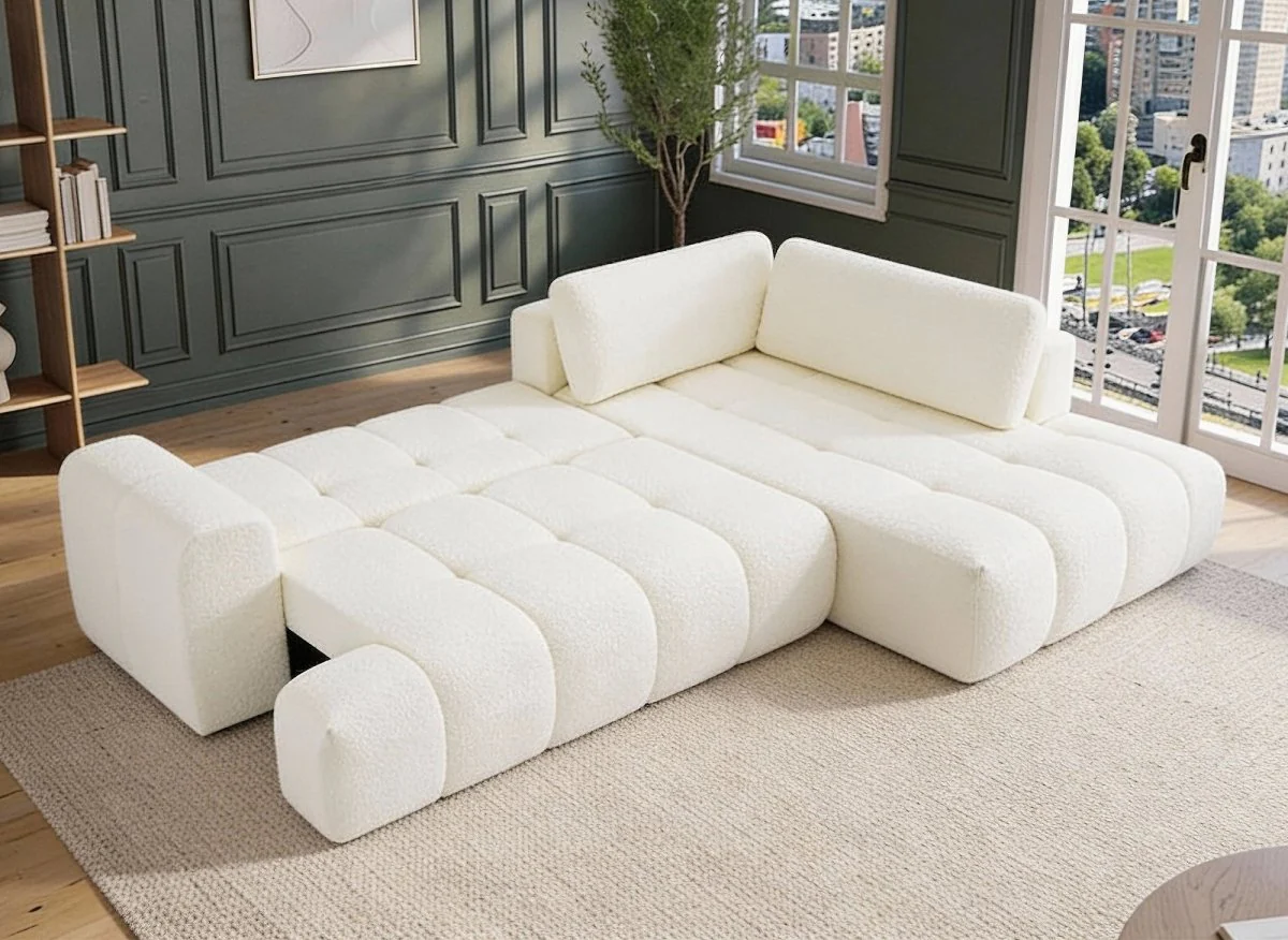 Canapé d'angle convertible avec coffre en tissu bouclette écru HAVEN - Angle droit - Image 2