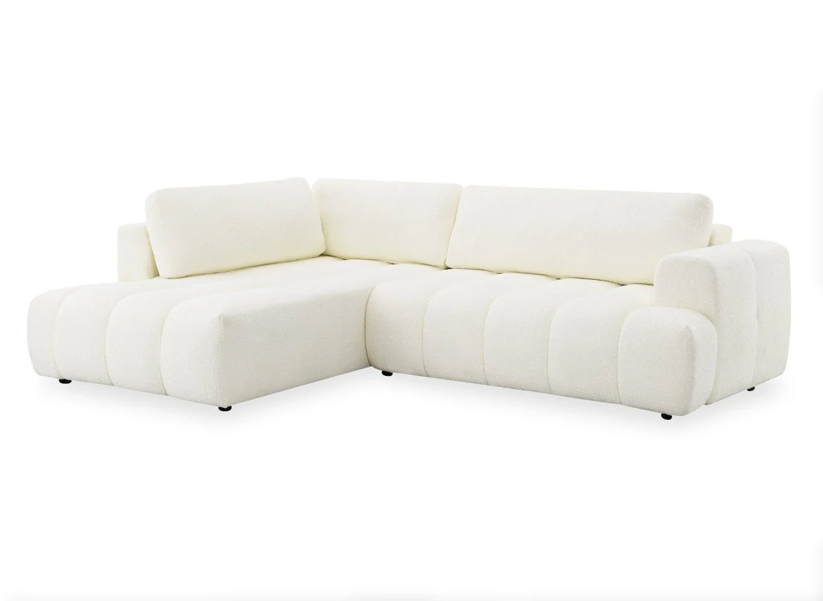 Canapé d'angle convertible avec coffre en tissu bouclette écru HAVEN - Angle gauche - Image 3