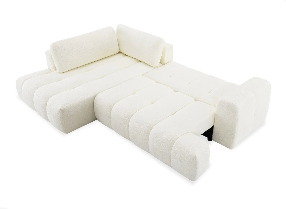 Canapé d'angle convertible avec coffre en tissu bouclette écru HAVEN - Angle gauche - Image 4