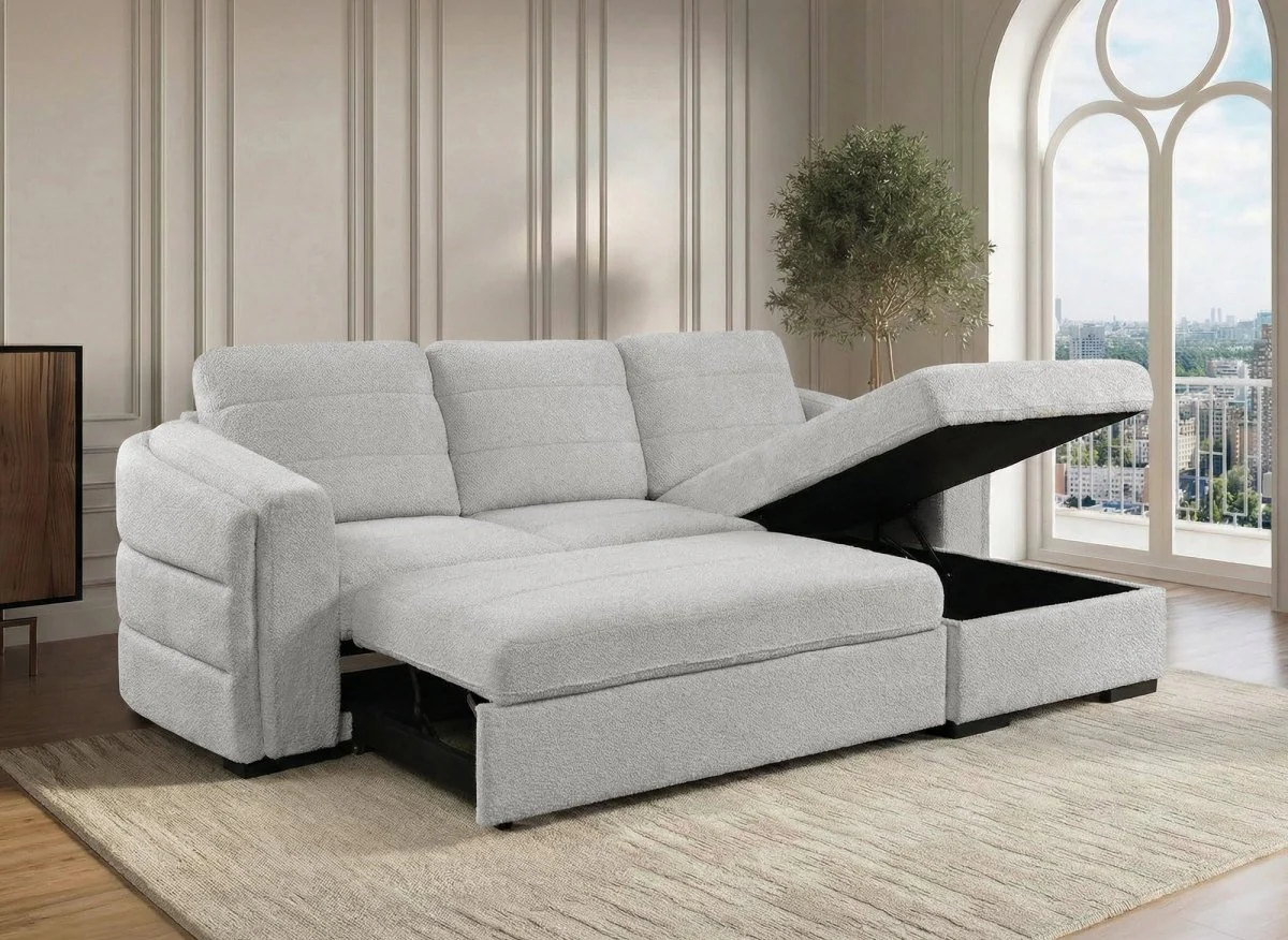Canapé d'angle convertible avec coffre en tissu bouclette gris clair CALANDRA - Angle droit - Image 2
