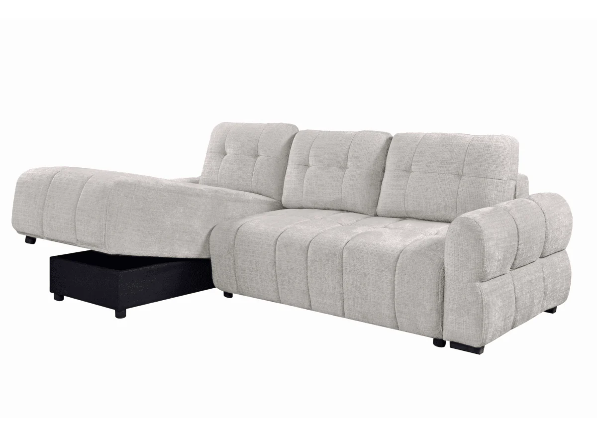 Canapé d'angle convertible avec coffre en velours chiné beige MAHLONE - Angle gauche - Image 5
