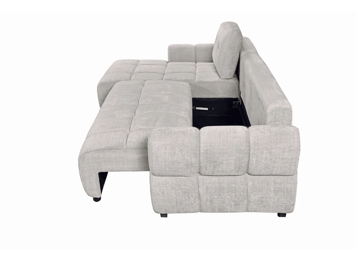 Canapé d'angle convertible avec coffre en velours chiné beige MAHLONE - Angle gauche - Image 6