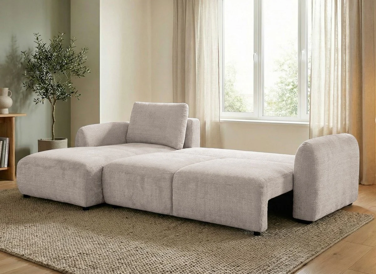 Canapé d'angle convertible avec coffre en velours chiné beige MARLA - Angle gauche - Image 2