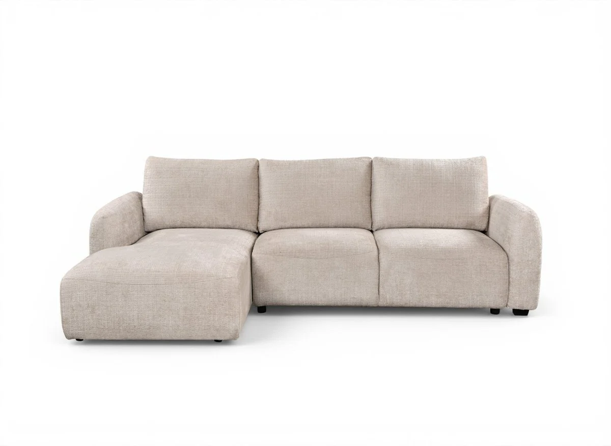 Canapé d'angle convertible avec coffre en velours chiné beige MARLA - Angle gauche - Image 7
