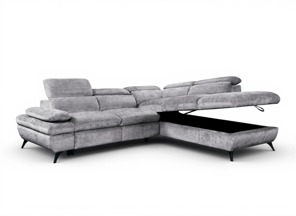 Canapé d'angle convertible avec coffre en velours chiné gris LUFY - Angle droit - Image 4