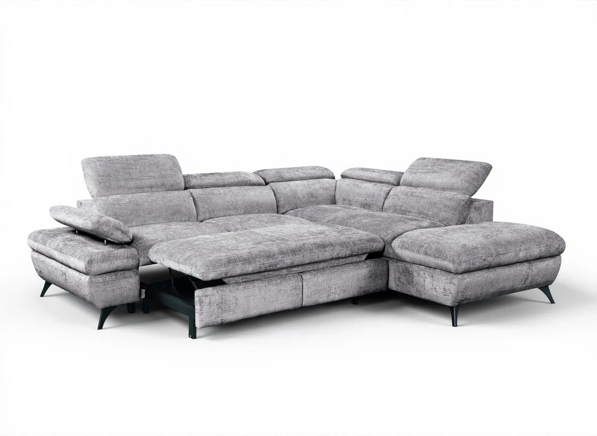 Canapé d'angle convertible avec coffre en velours chiné gris LUFY - Angle droit - Image 5