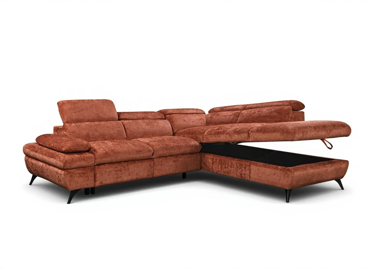 Canapé d'angle convertible avec coffre en velours chiné terracotta LUFY - Angle droit - Image 4