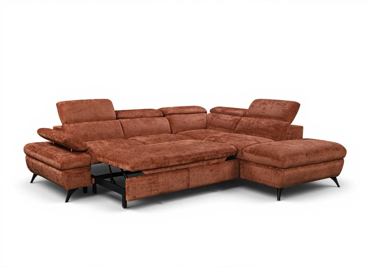 Canapé d'angle convertible avec coffre en velours chiné terracotta LUFY - Angle droit - Image 5