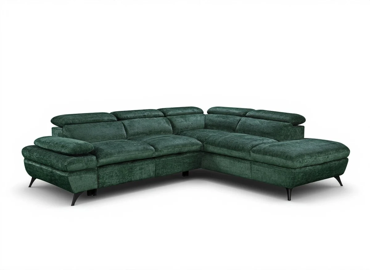 Canapé d'angle convertible avec coffre en velours chiné vert LUFY - Angle droit - Image 3