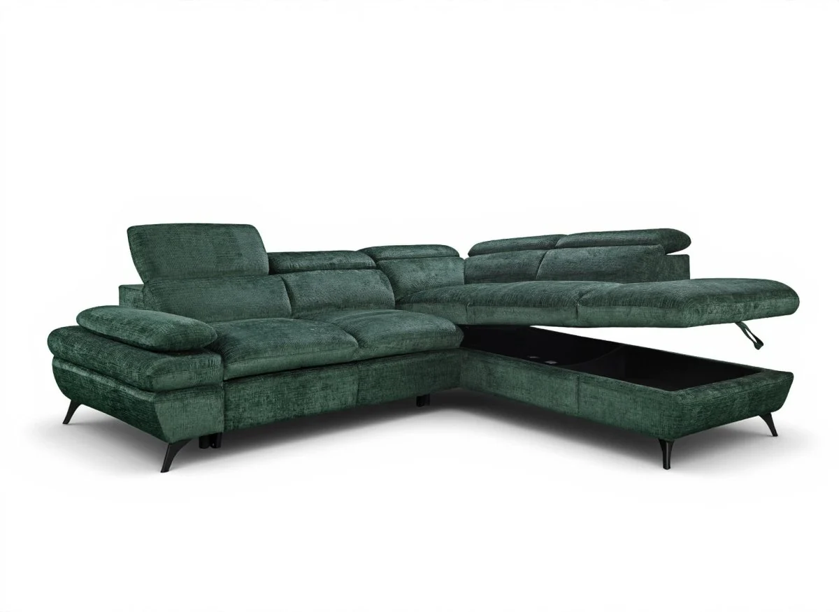 Canapé d'angle convertible avec coffre en velours chiné vert LUFY - Angle droit - Image 4