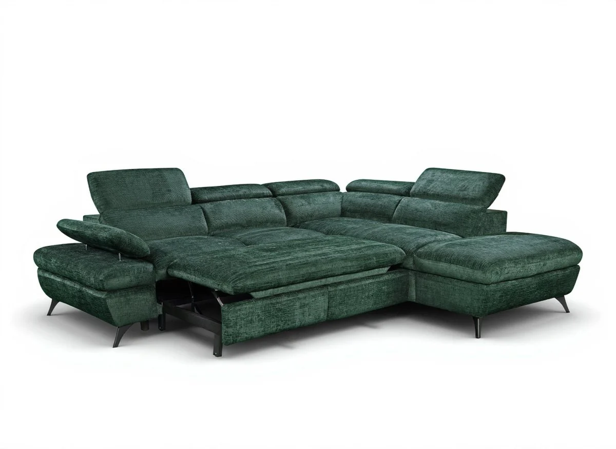 Canapé d'angle convertible avec coffre en velours chiné vert LUFY - Angle droit - Image 5