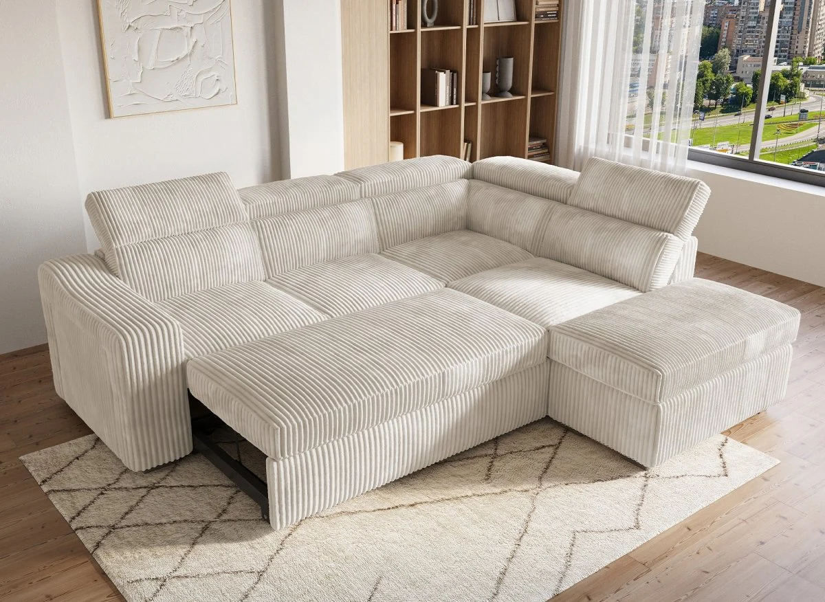 Canapé d'angle convertible avec coffre en velours côtelé beige MARTY - Angle droit - Image 3