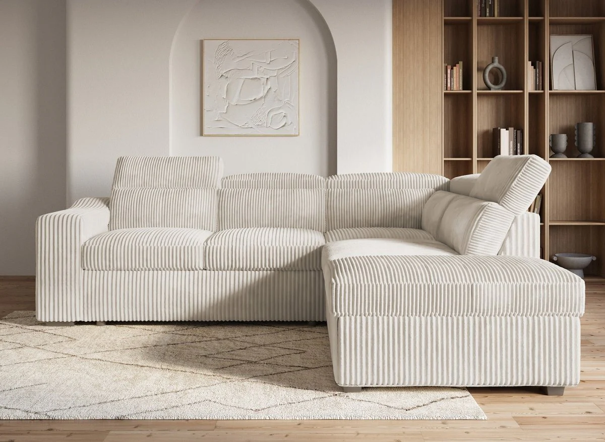 Canapé d'angle convertible avec coffre en velours côtelé beige MARTY - Angle droit - Image 4