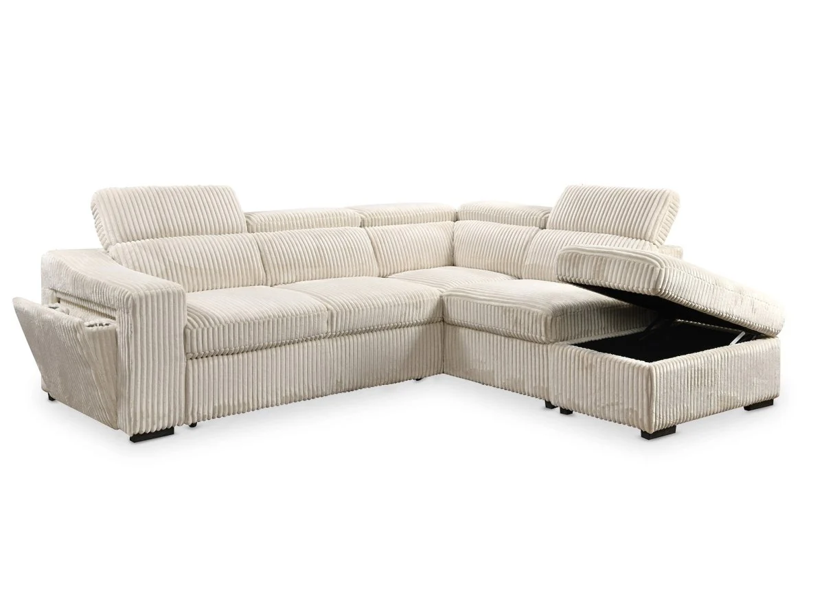 Canapé d'angle convertible avec coffre en velours côtelé beige MARTY - Angle droit - Image 7