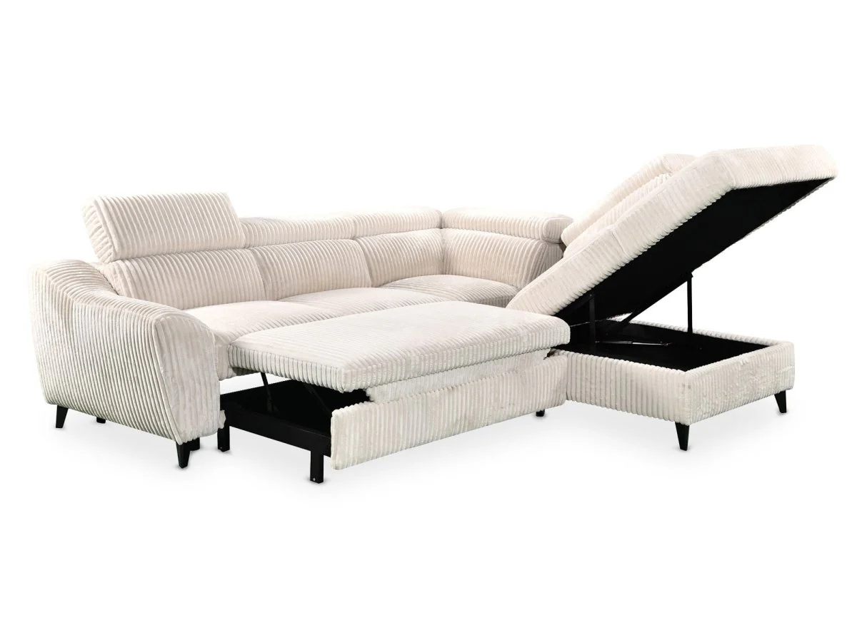 Canapé d'angle convertible avec coffre en velours côtelé épais beige DALTON - Angle droit - Image 7