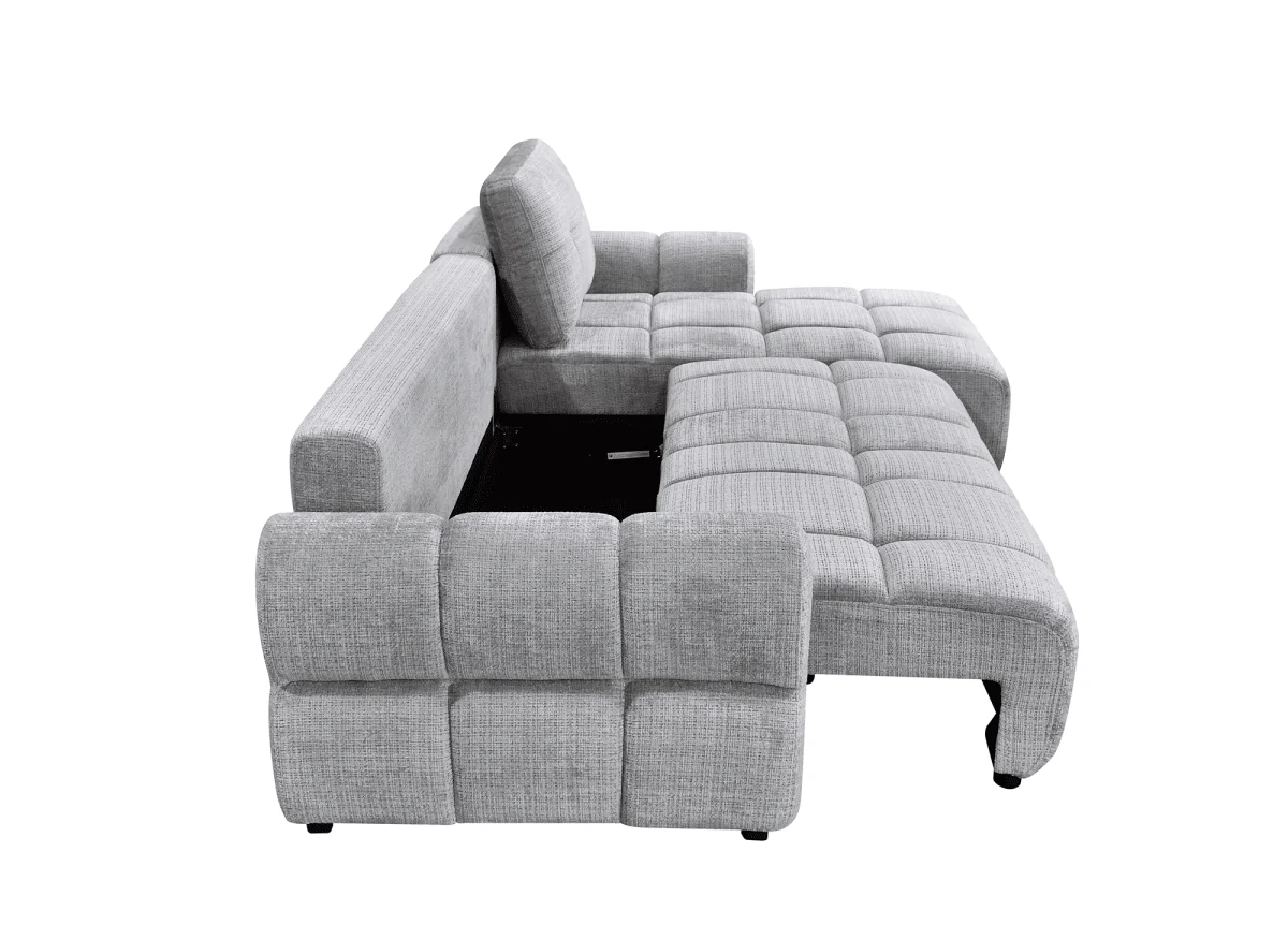Canapé d'angle convertible avec coffre en velours chiné gris MAHLONE - Angle droit - Image 6