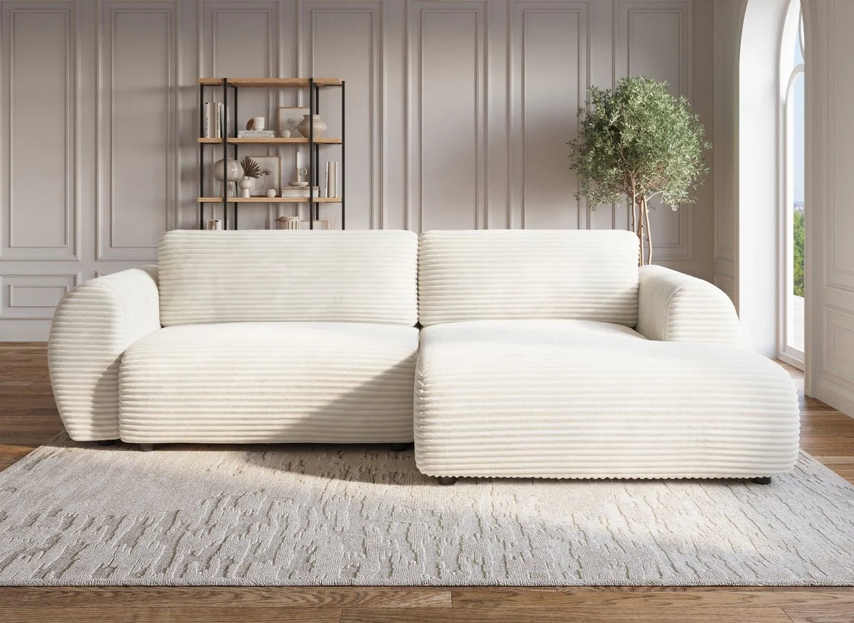 Canapé d'angle convertible avec coffre en velours gros côtelé doux beige TILDA - Angle droit - Image 3