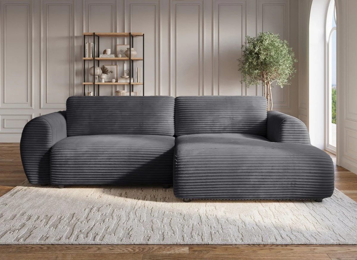 Canapé d'angle convertible avec coffre en velours gros côtelé doux gris TILDA - Angle droit - Image 3