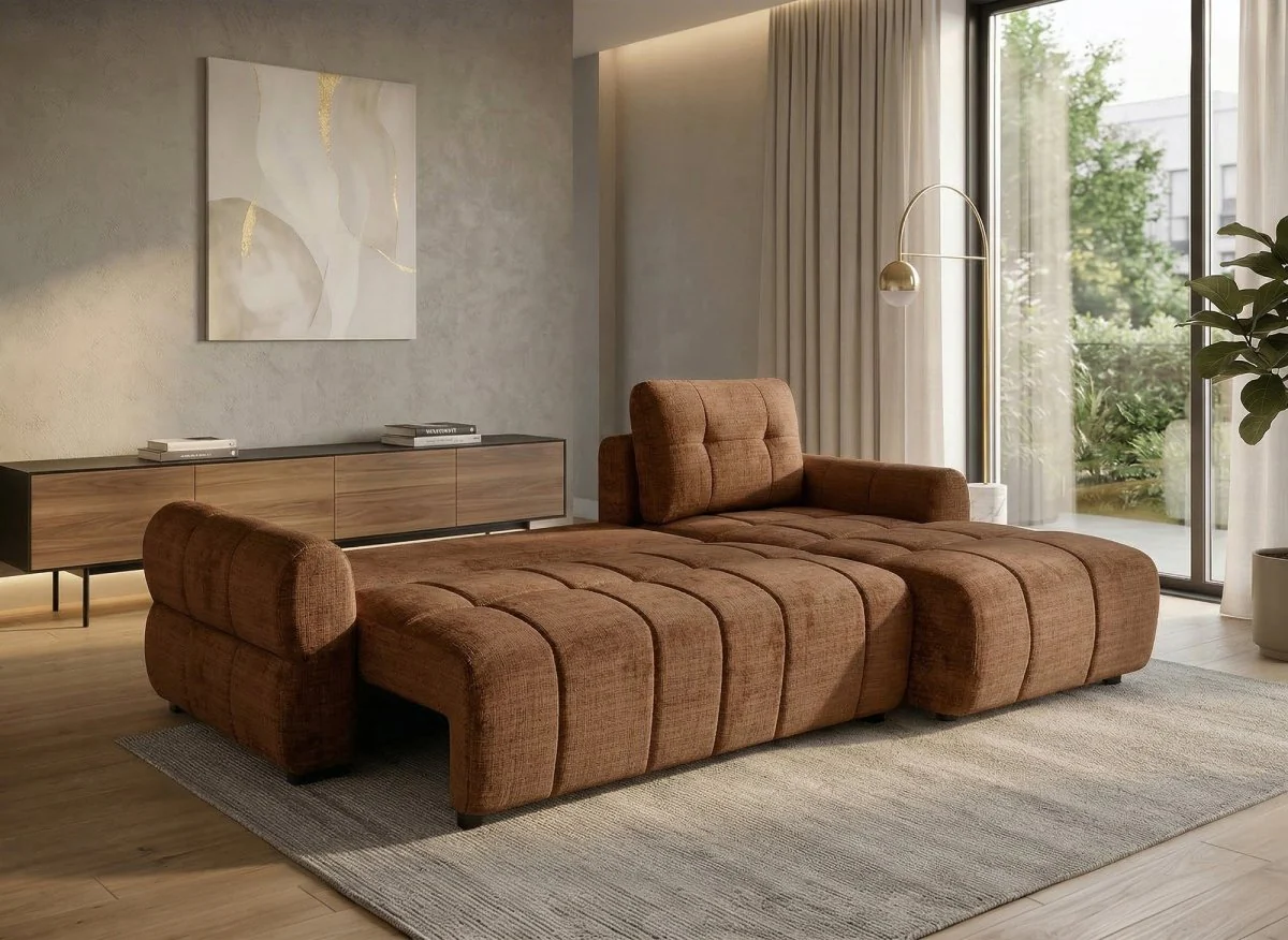 Canapé d'angle convertible avec coffre en velours chiné terracotta MAHLONE - Angle droit - Image 2
