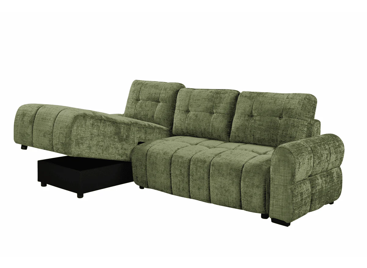 Canapé d'angle convertible avec coffre en velours chiné vert olive MAHLONE - Angle gauche - Image 5