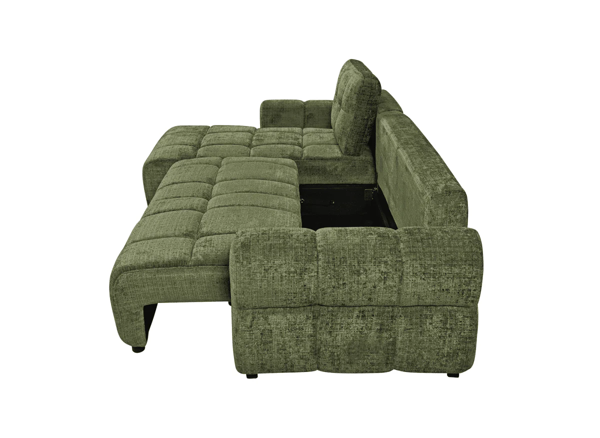 Canapé d'angle convertible avec coffre en velours chiné vert olive MAHLONE - Angle gauche - Image 6