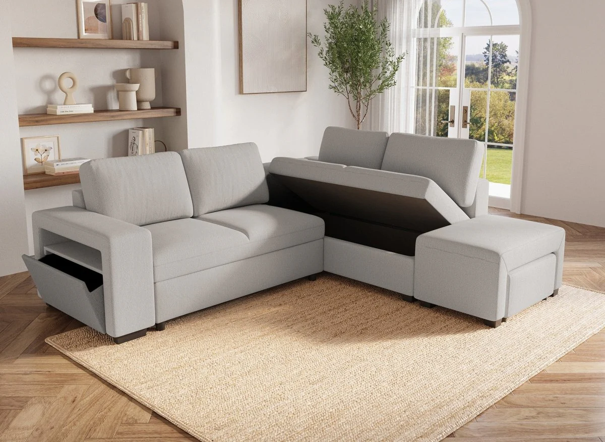 Canapé d'angle convertible en tissu beige ALBAN - Angle droit - Image 3