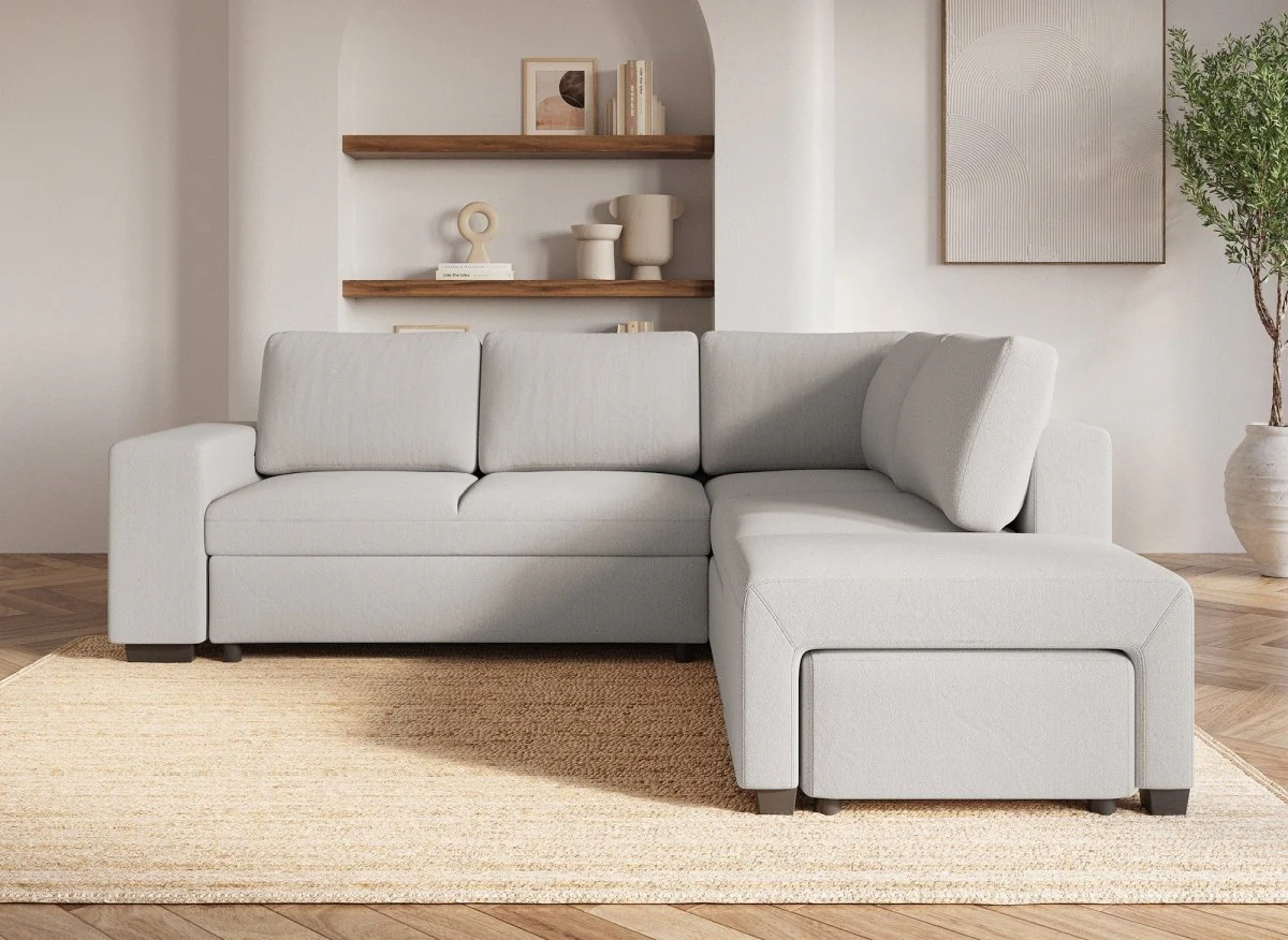 Canapé d'angle convertible en tissu beige ALBAN - Angle droit - Image 4