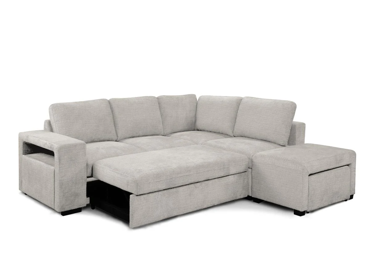 Canapé d'angle convertible en tissu beige ALBAN - Angle droit - Image 7
