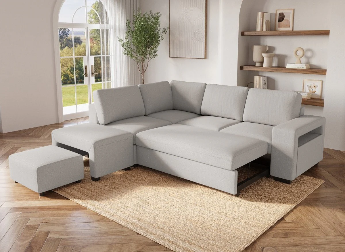 Canapé d'angle convertible en tissu beige ALBAN - Angle gauche - Image 3