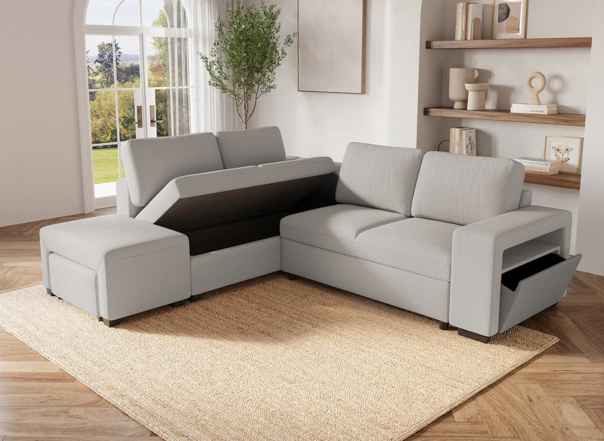 Canapé d'angle convertible en tissu beige ALBAN - Angle gauche - Image 5