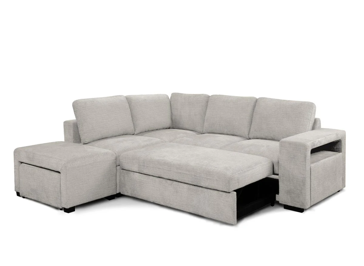 Canapé d'angle convertible en tissu beige ALBAN - Angle gauche - Image 7