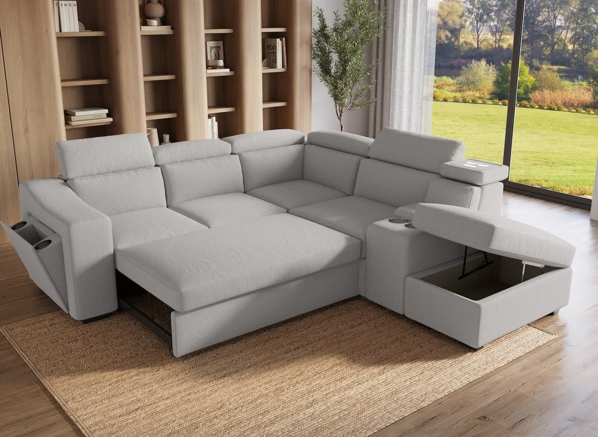 Canapé d'angle convertible en tissu beige DEREK XL - Angle droit - Image 2