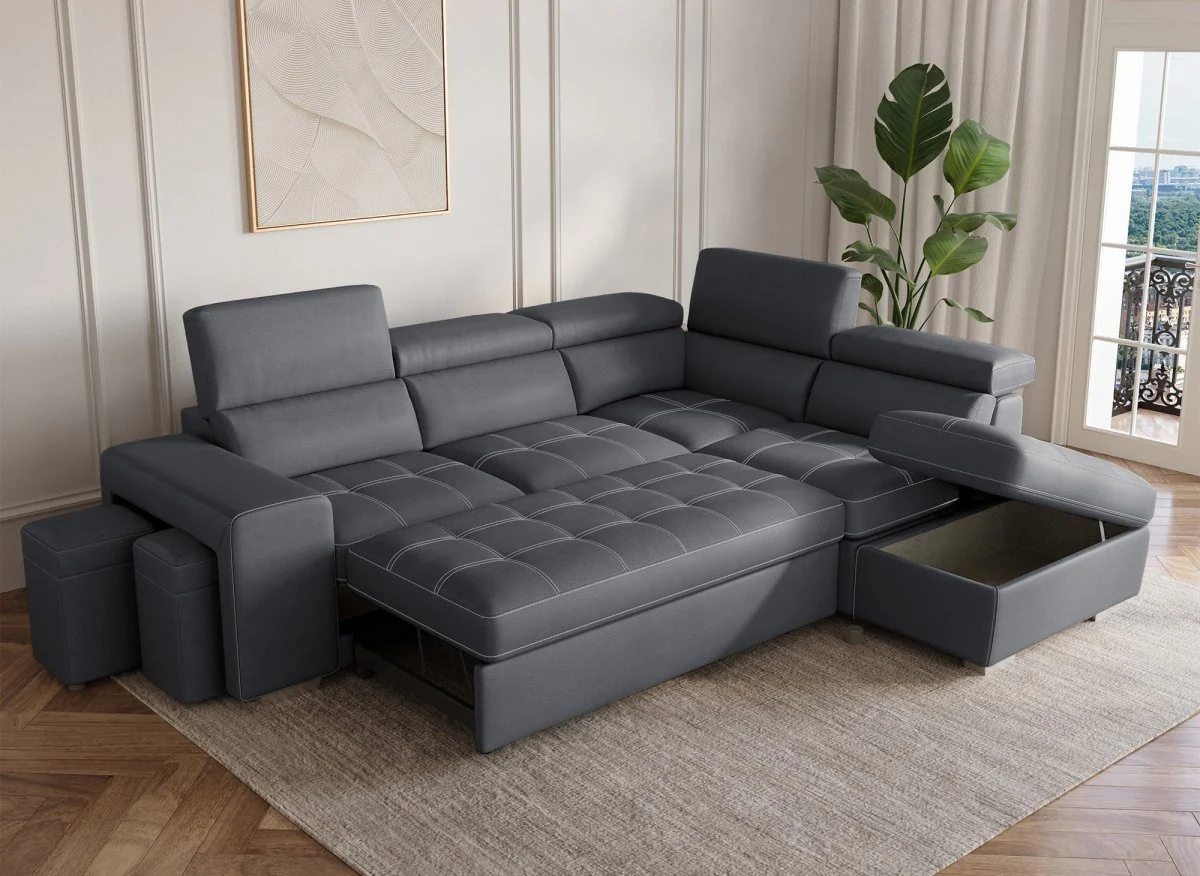 Canapé d'angle convertible en tissu gris DAVON - angle droit - Image 2