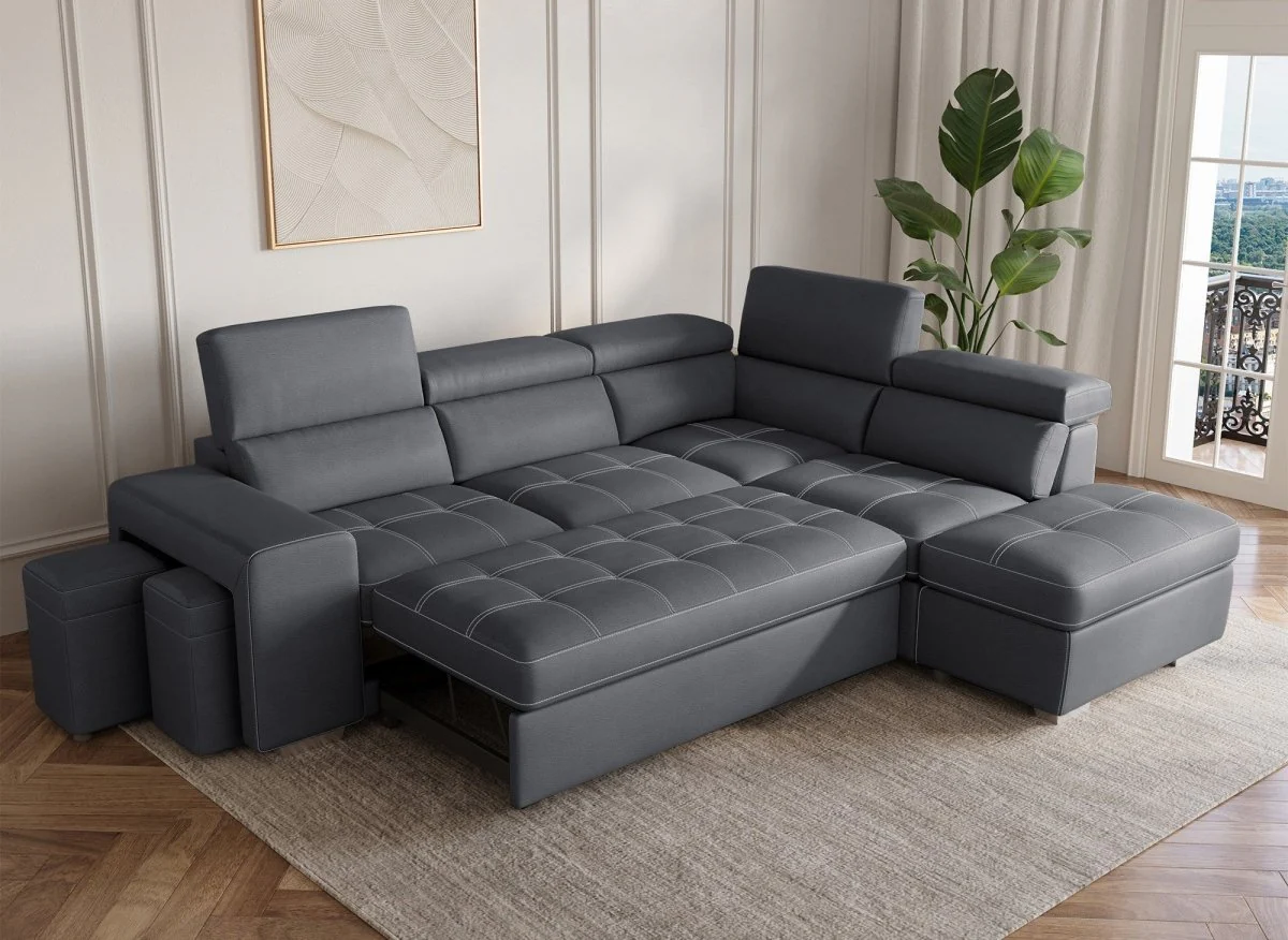 Canapé d'angle convertible en tissu gris DAVON - angle droit - Image 3