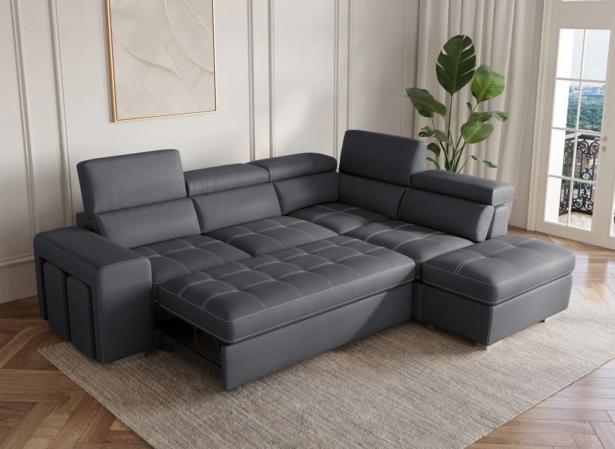 Canapé d'angle convertible en tissu gris DAVON - angle droit - Image 5