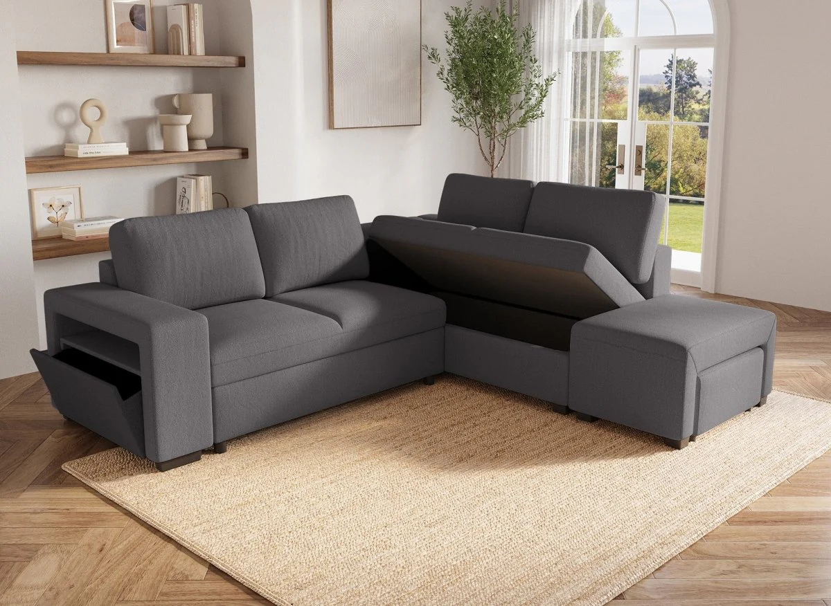 Canapé d'angle convertible en tissu gris foncé ALBAN - Angle droit - Image 3