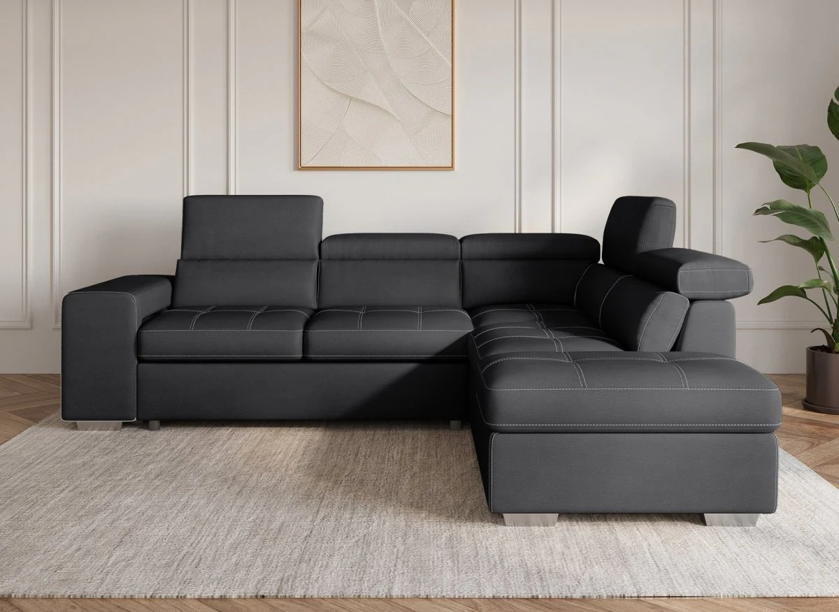 Canapé d'angle convertible en tissu noir DAVON - angle droit - Image 4