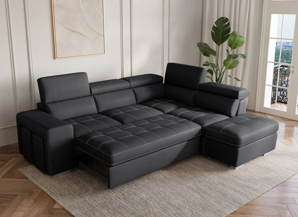 Canapé d'angle convertible en tissu noir DAVON - angle droit - Image 5