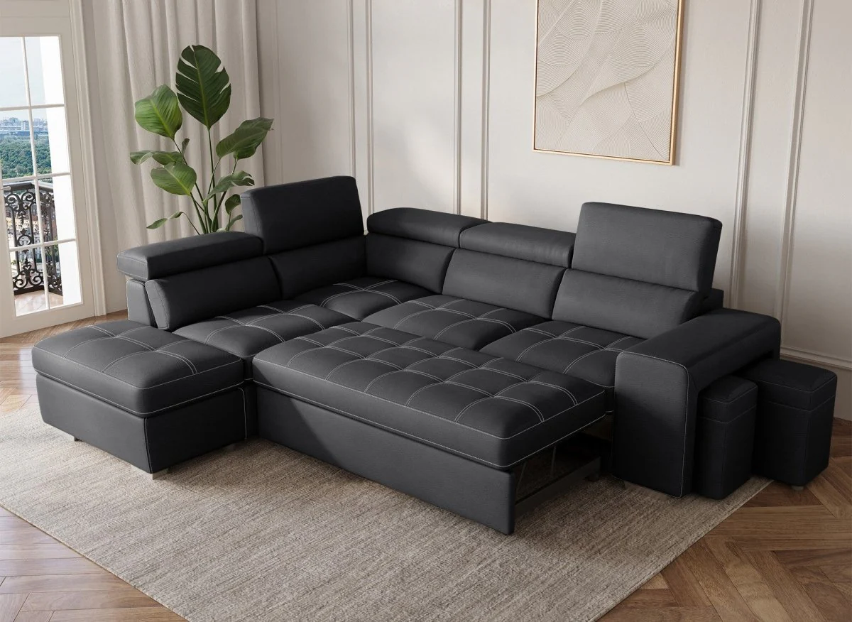 Canapé d'angle convertible en tissu noir DAVON - angle gauche - Image 3