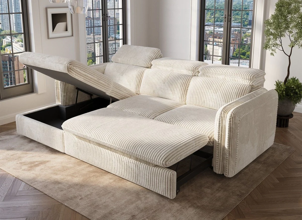 Canapé d'angle convertible en velours côtelé épais beige ISABELLA - Angle gauche - Image 3