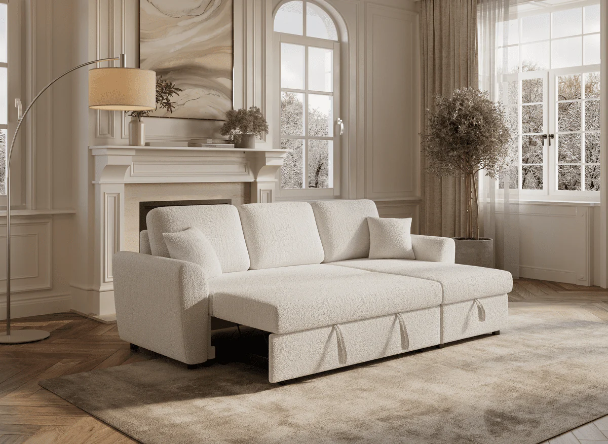 Canapé d'angle convertible et réversible avec coffre en tissu bouclette beige ADRYEN - Image 3