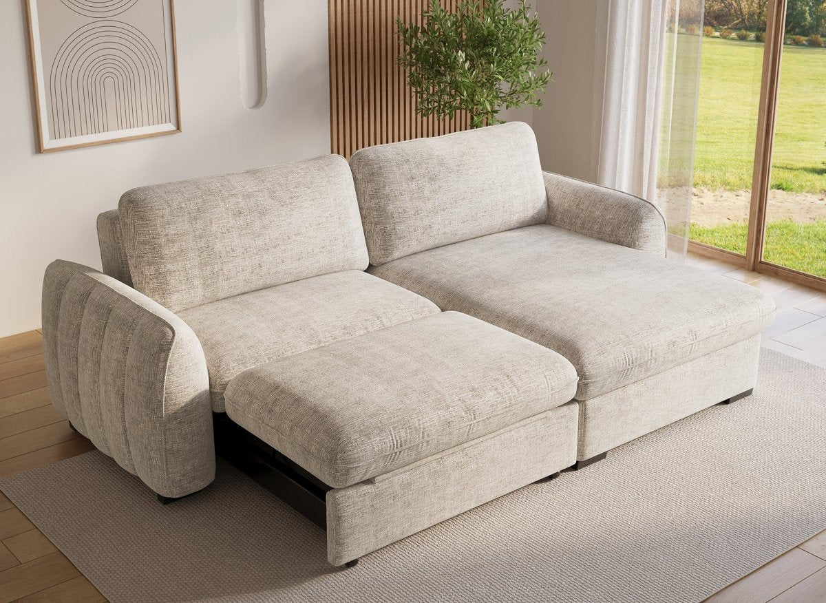 Canapé d'angle convertible et réversible avec coffre en velours chiné beige LIORA - Image 3