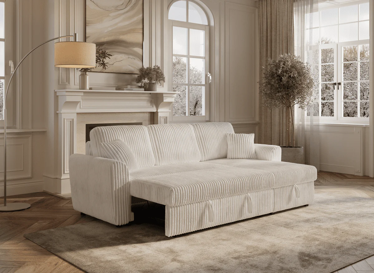 Canapé d'angle convertible et réversible avec coffre en velours côtelé épais beige ADRYEN - Image 3