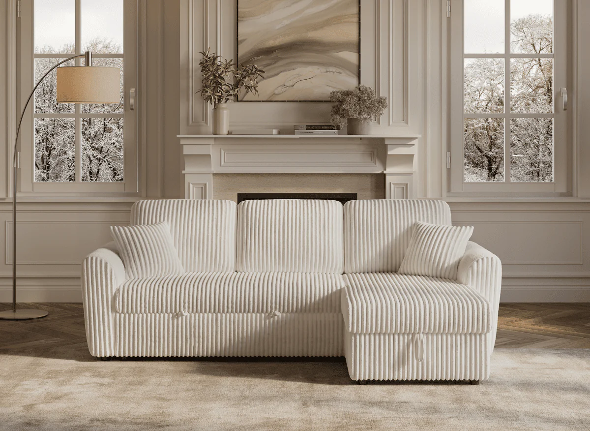 Canapé d'angle convertible et réversible avec coffre en velours côtelé épais beige ADRYEN - Image 4