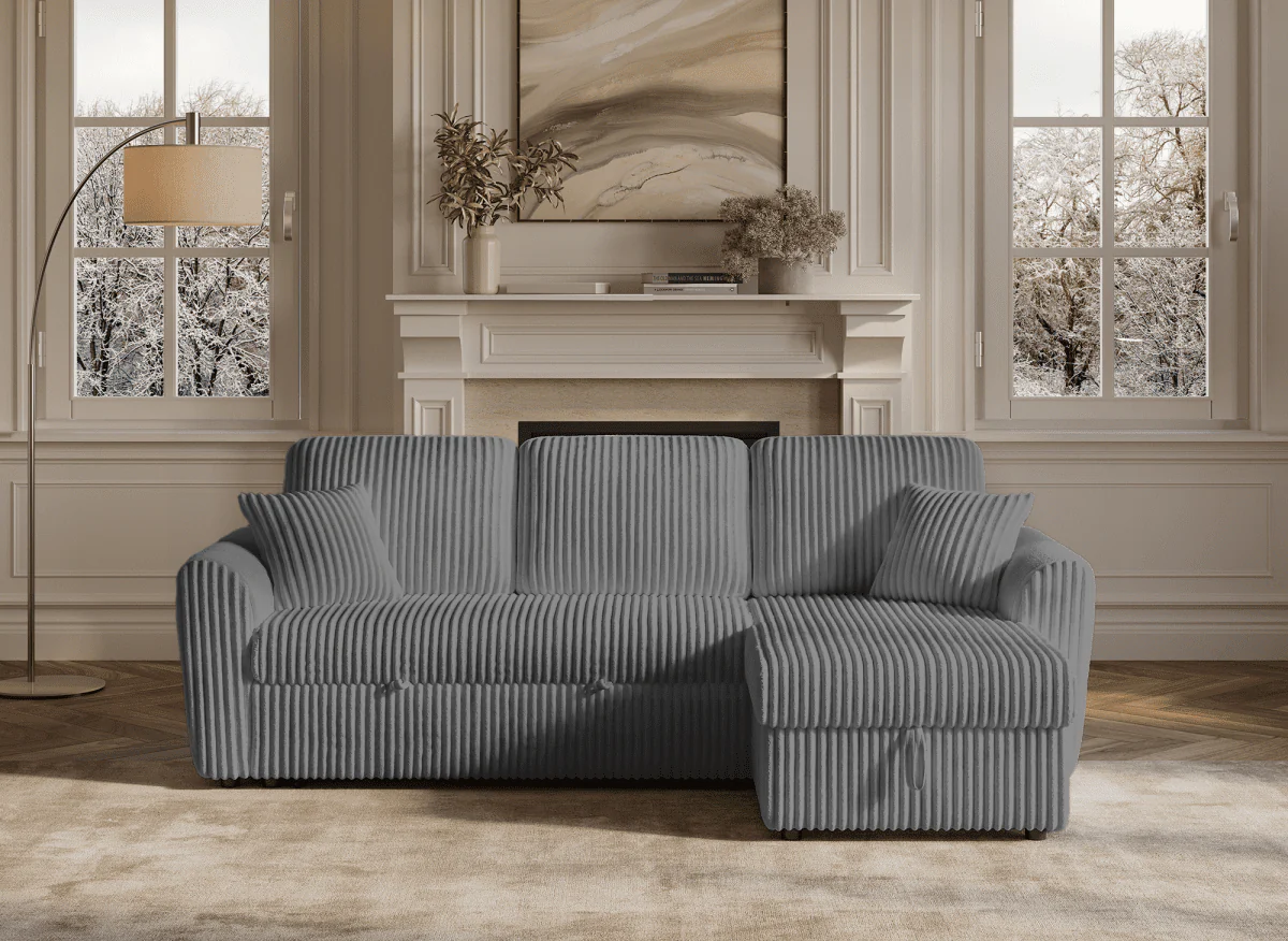Canapé d'angle convertible et réversible avec coffre en velours côtelé épais gris ADRYEN - Image 4