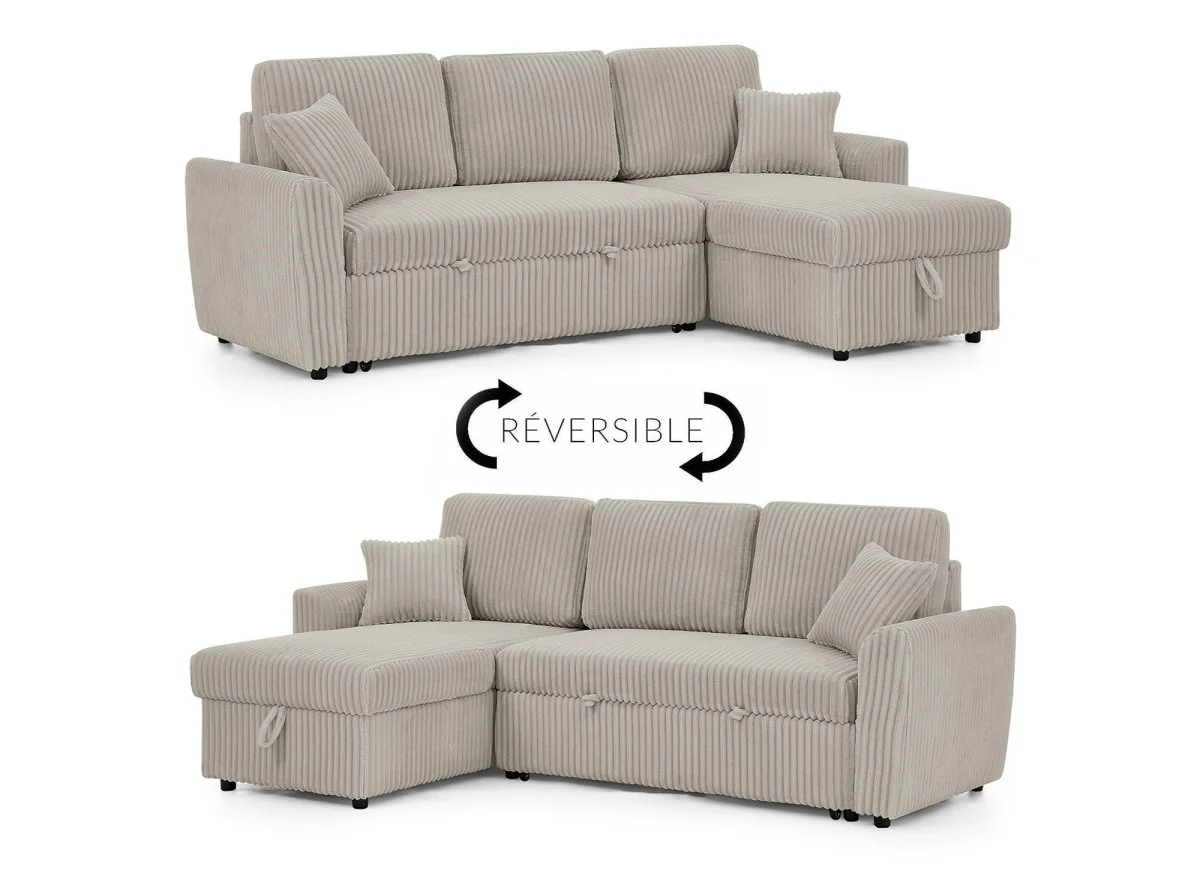 Canapé d'angle convertible et réversible avec coffre en velours côtelé épais  taupe ADRYEN - Image 6