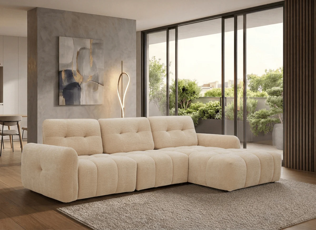 Canapé d'angle en velours tissé beige avec dossier réglable ADONIS - Angle droit