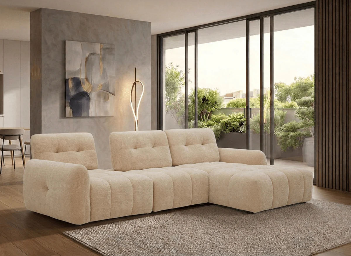 Canapé d'angle en velours tissé beige avec dossier réglable ADONIS - Angle droit - Image 2