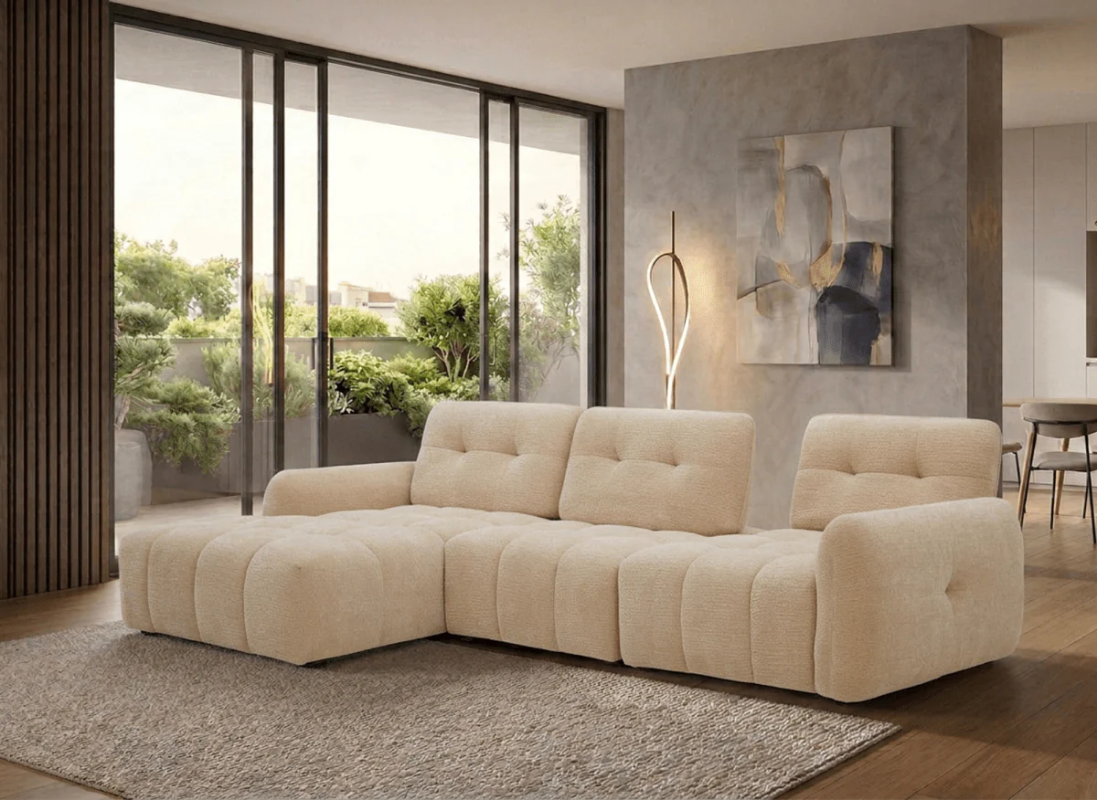 Canapé d'angle en velours tissé beige avec dossier réglable ADONIS - Angle gauche - Image 2